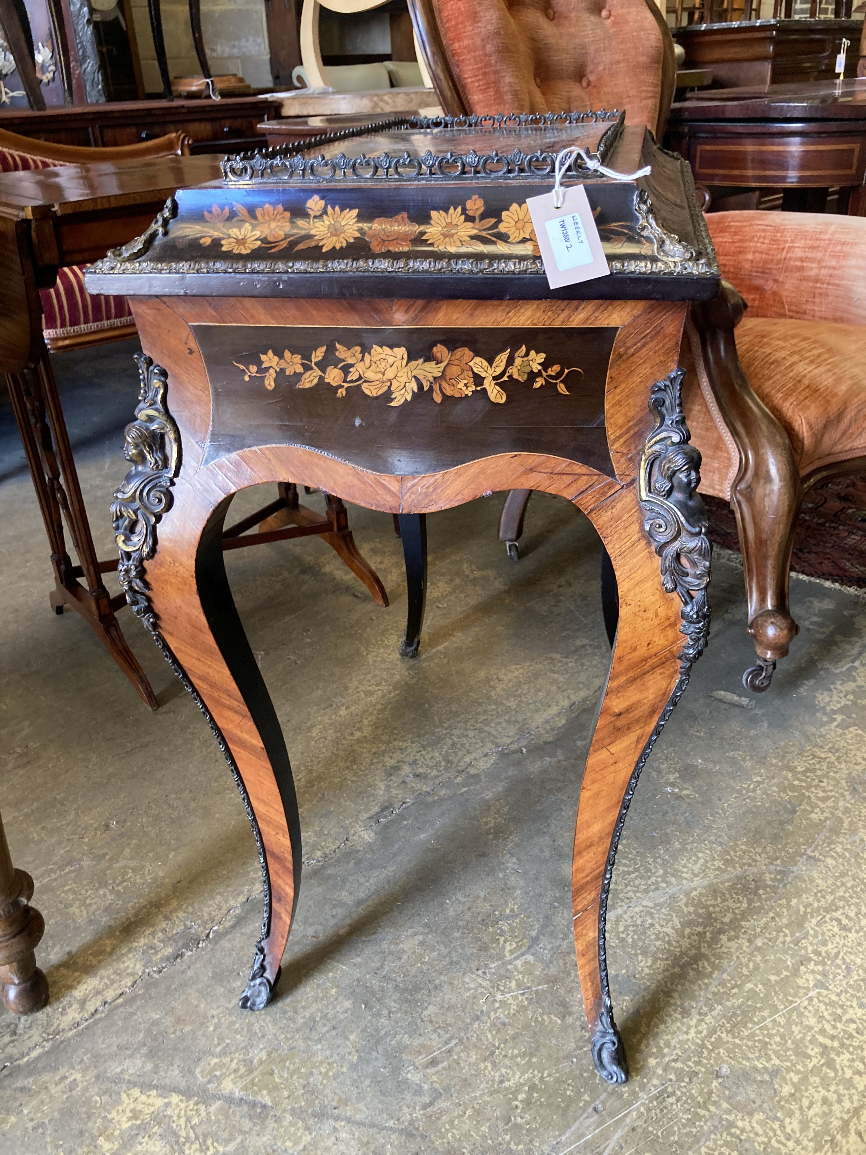 A 19th century French marquetry and kingwood jardiniere table, with ormolu mounts and removable cover, width 72cm, depth 42cm, height 7